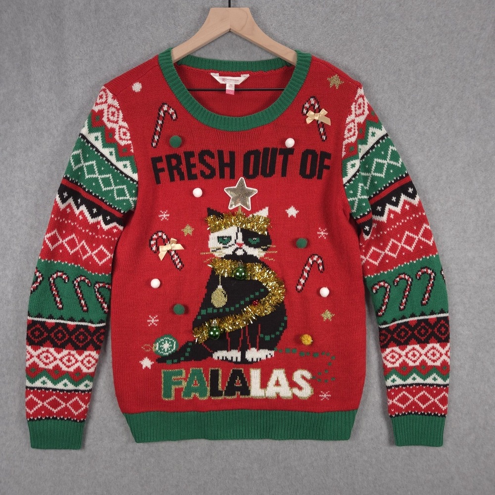 Fresh Out of Falalas Womens L 11-13 Grumpy Cat No Boundaries Christmas Sweater